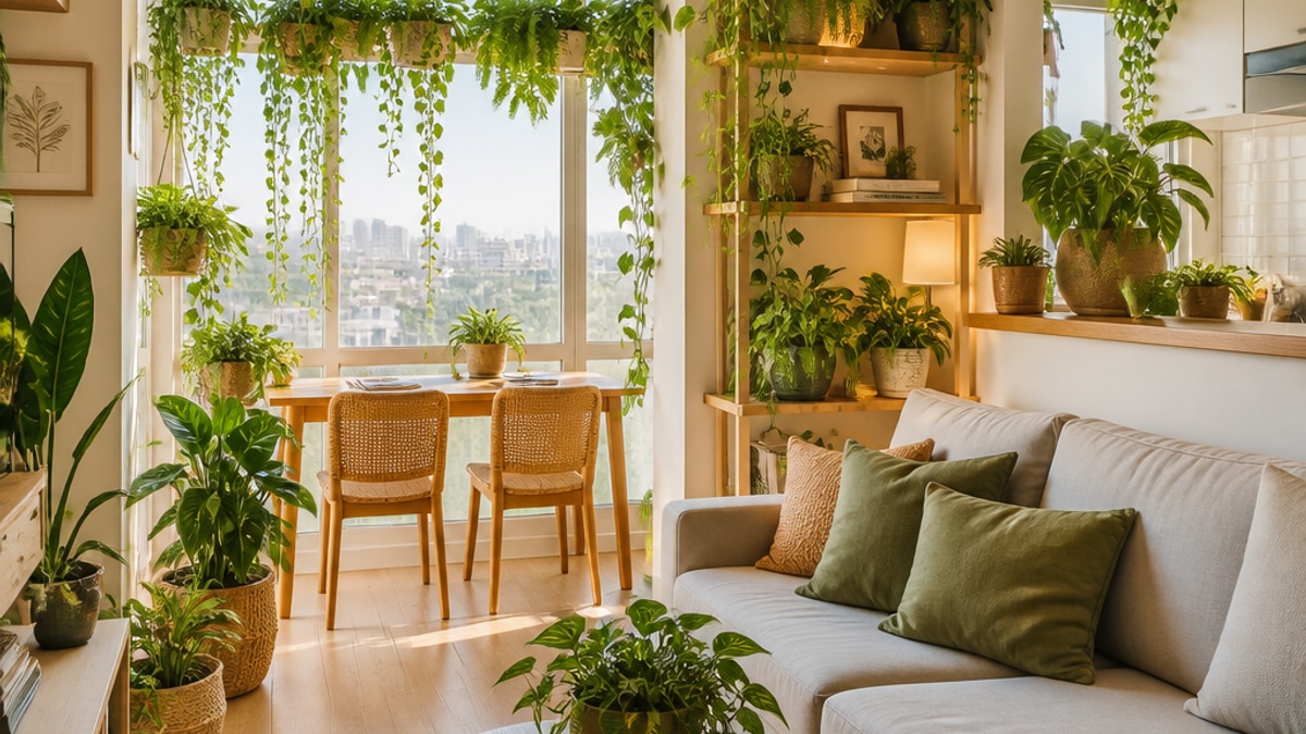Apartamento decorado com plantas pendentes em prateleiras e janelas, iluminado por luz natural.