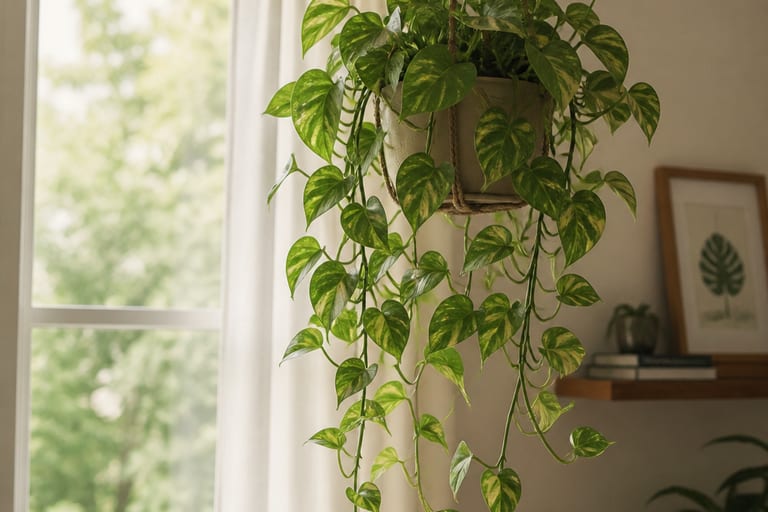 Planta pendente em ambiente interno com luz indireta.