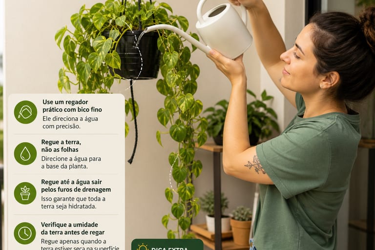 Uma pessoa utiliza um regador para molhar uma planta pendente.