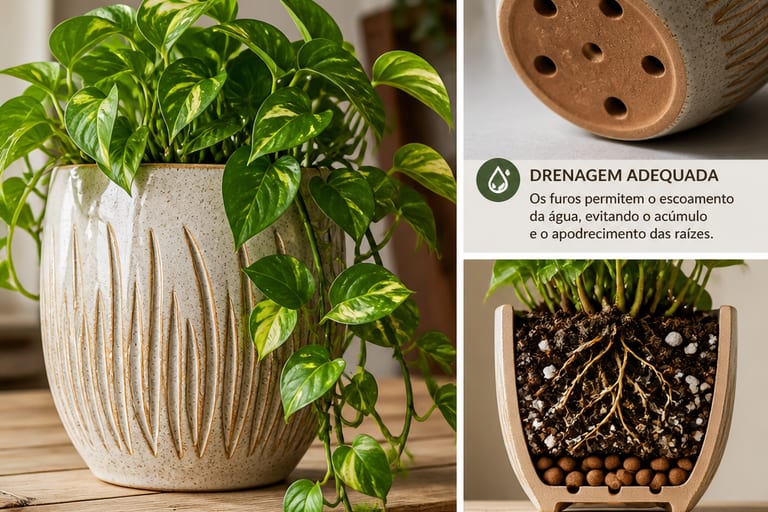 Um vaso de cerâmica elegante com uma planta pendente saudável, mostrando drenagem adequada e substrato leve.