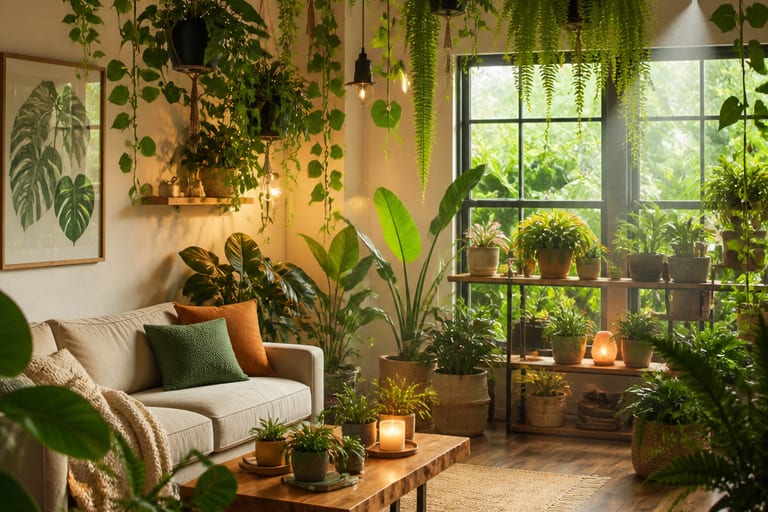 Espaço interno com várias plantas pendentes em um ambiente iluminado e úmido.