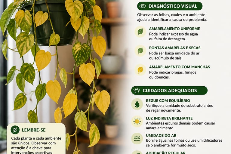 Planta pendente com folhas amareladas, destacando a necessidade de cuidados.