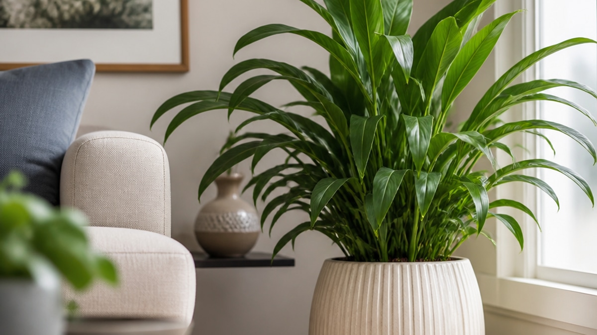 Imagem de uma planta em vaso decorativo em ambiente de apartamento, com luz natural suave e folhas saudáveis.