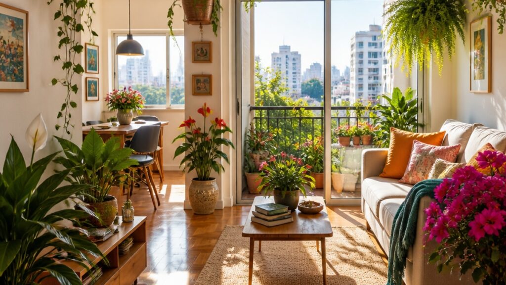 Apartamento decorado com várias plantas floridas em vasos.