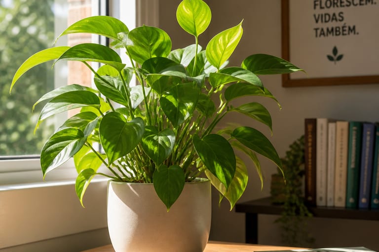 Planta verde em ambiente interno recebendo luz natural.