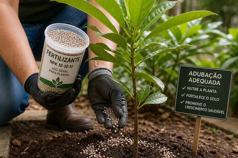 Uma pessoa aplica fertilizante em uma planta.
