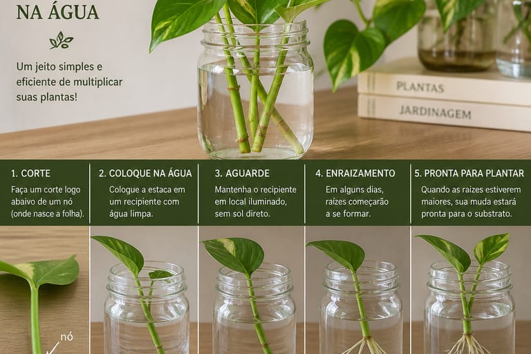 Estacas de plantas em um recipiente com água, iniciando o processo de enraizamento.