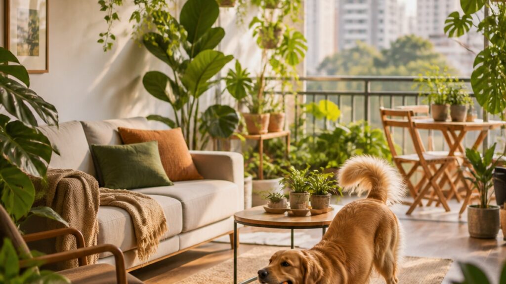 Imagem de um apartamento iluminado com várias plantas e um cachorro brincando.