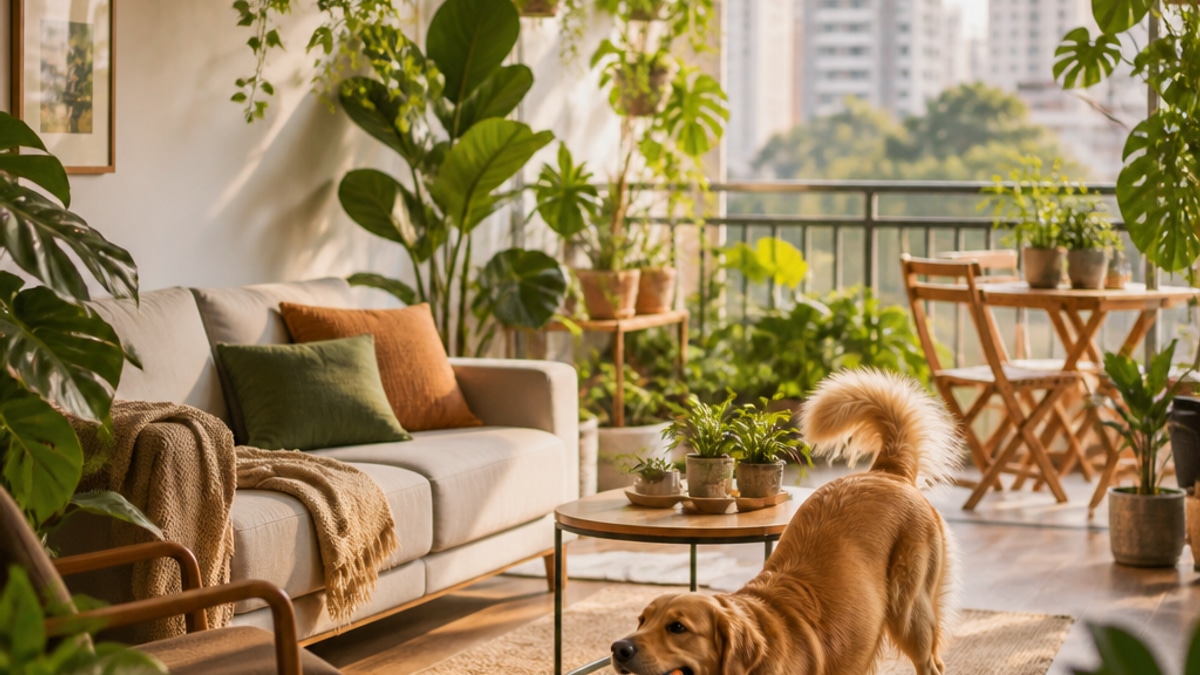 Imagem de um apartamento iluminado com várias plantas e um cachorro brincando.