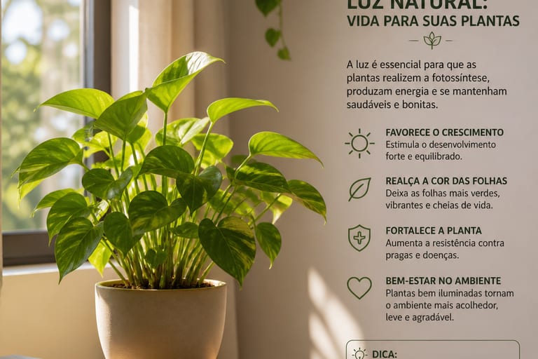 Planta verde recebendo luz natural em ambiente interno.
