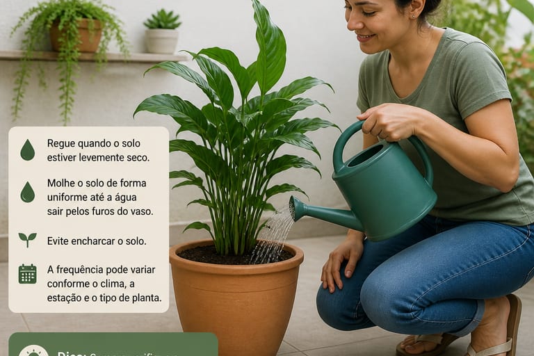 Imagem de uma planta em vaso sendo regada, enfatizando a prática de rega correta.