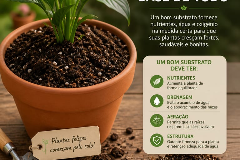 Vaso com substrato ideal para plantas, destacando a textura e a cor do solo.