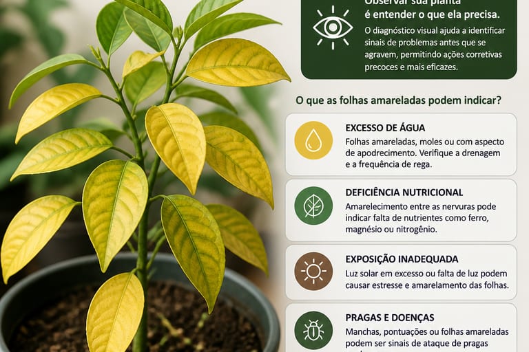 Imagem de uma planta com folhas amareladas, indicando problemas de saúde.