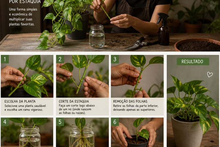 Imagem mostrando o processo de propagação de plantas, com mudas sendo preparadas em um recipiente.