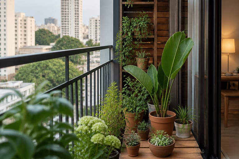 Imagem de plantas em uma varanda iluminada pelo sol, mostrando diferentes tipos de folhagens e vasos.