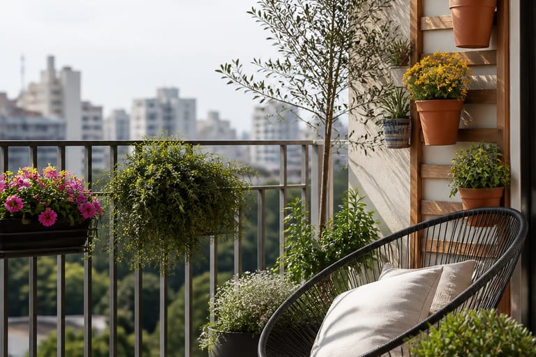 Imagem de várias plantas em uma varanda recebendo luz solar direta.