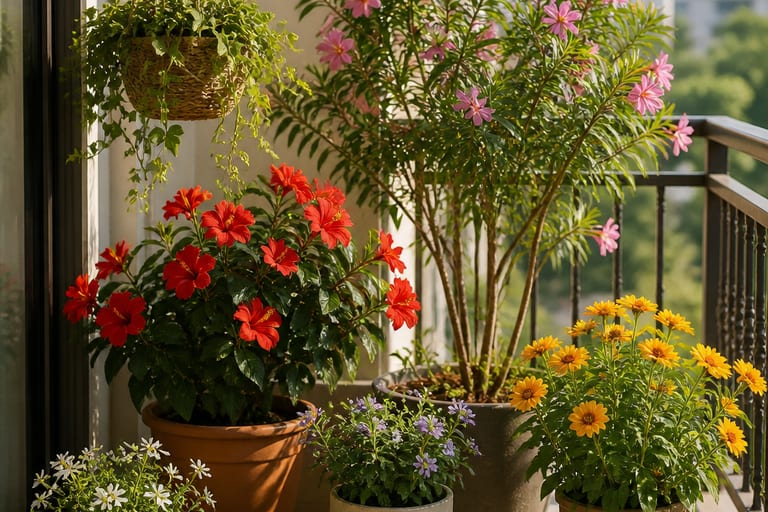 Imagem de várias plantas adequadas para varanda ensolarada.