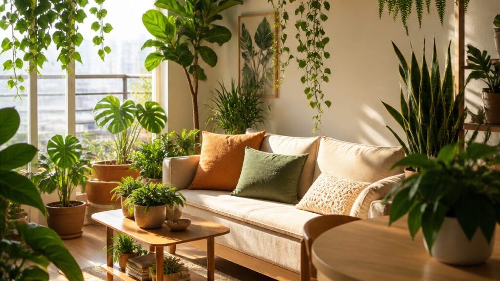 Ambiente de apartamento com várias plantas saudáveis em um espaço iluminado.