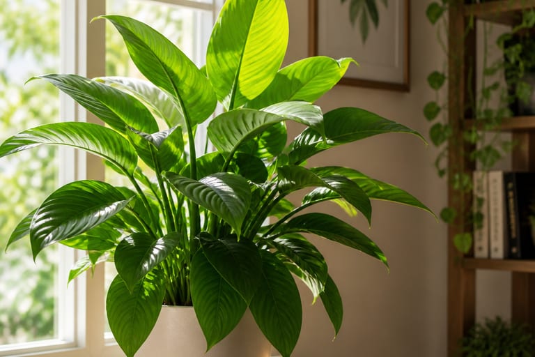 Planta com folhas verdes saudáveis recebendo luz natural em ambiente interno.