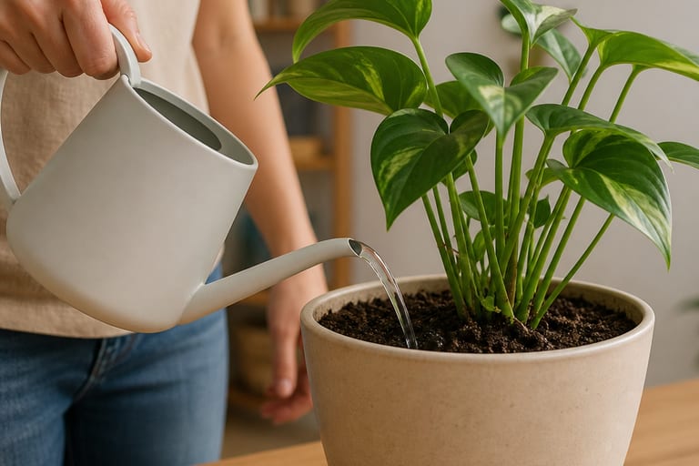 Uma pessoa rega uma planta em vaso, focando na água sendo aplicada ao solo.