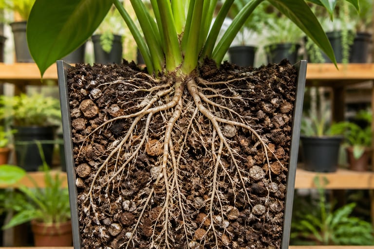 Vaso com substrato bem drenado e raízes saudáveis visíveis.