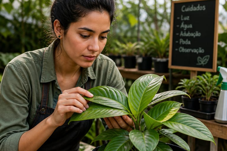 Uma pessoa examina de perto as folhas de uma planta em um espaço de cultivo.