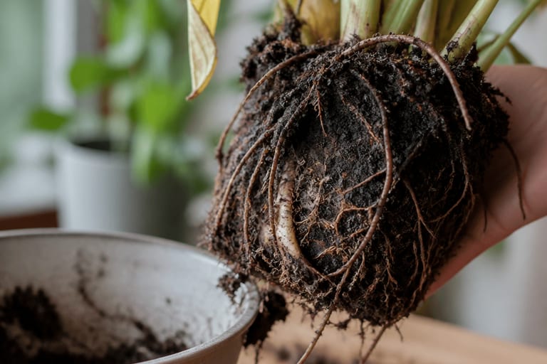 Imagem de raízes apodrecidas de uma planta, evidenciando os danos causados pelo excesso de rega.