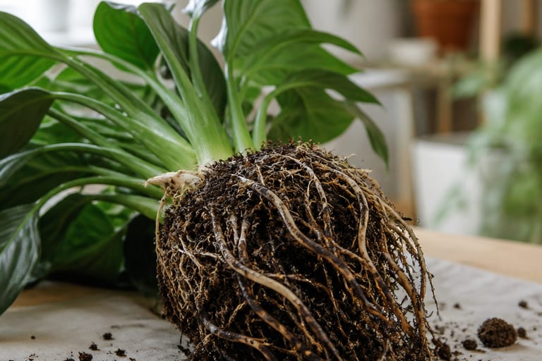 Imagem de raízes apodrecidas de uma planta em vaso, com foco na textura e coloração das raízes.