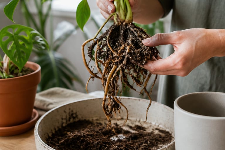 Imagem de raízes de planta danificadas, mostrando sinais de apodrecimento em um ambiente interno.
