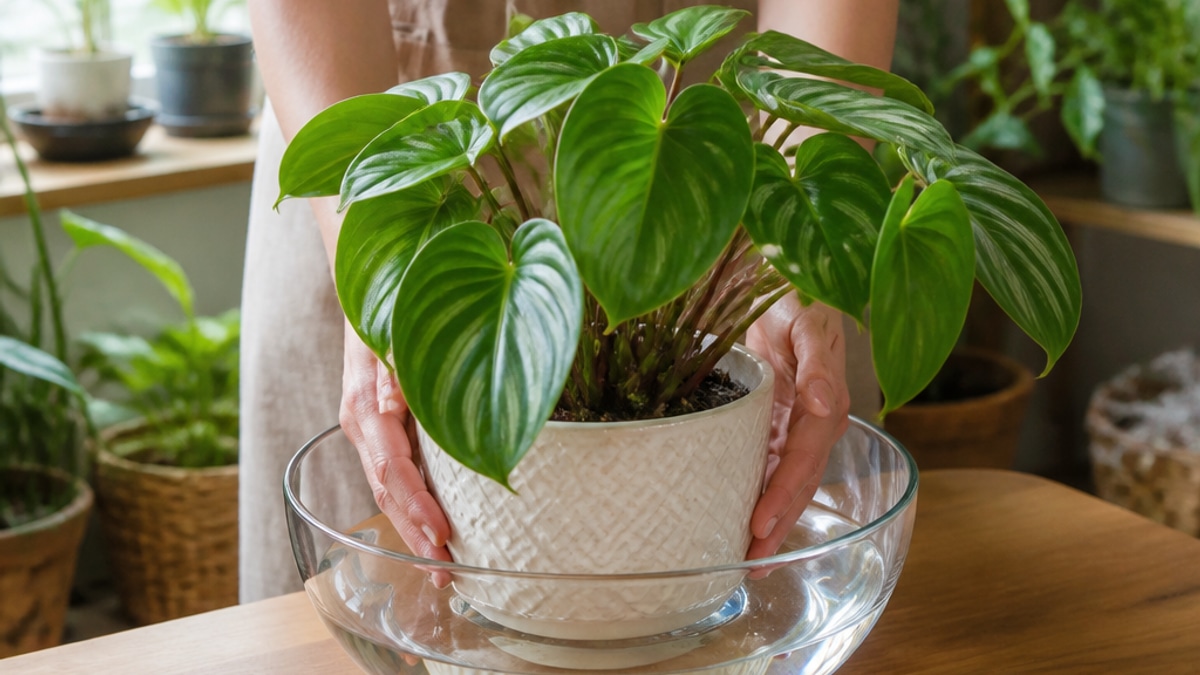 Imagem de uma planta em vaso decorativo recebendo rega por imersão em um ambiente de apartamento iluminado por luz natural.