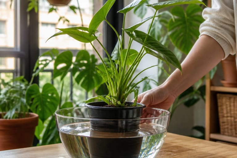 Imagem mostrando um recipiente com água e plantas sendo regadas por imersão, em um ambiente de apartamento com luz natural suave.