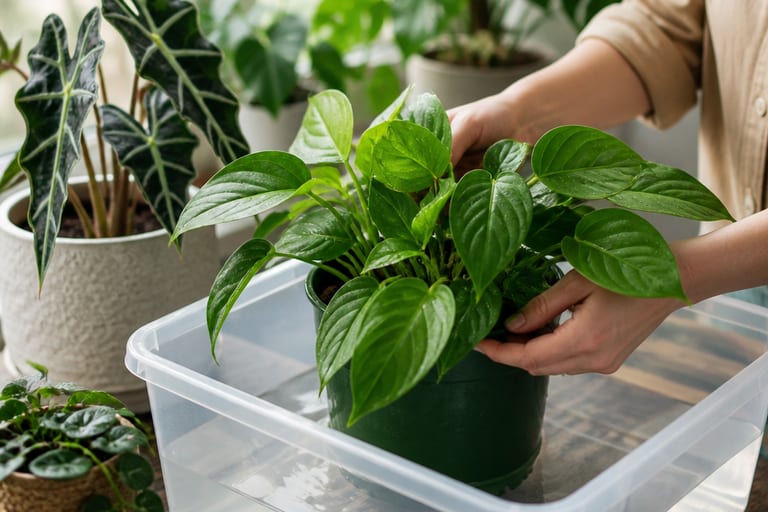 Imagem de plantas em vasos sendo regadas por imersão, em ambiente com luz natural suave.