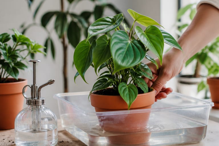 Imagem mostrando o processo de rega por imersão em vasos de plantas, com luz natural suave iluminando o ambiente.