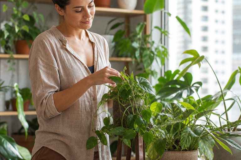 Imagem que ilustra uma rotina mensal de cuidados com plantas em um ambiente de apartamento, com luz natural suave.