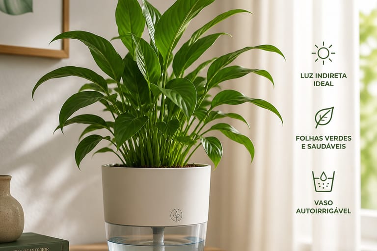 Planta em vaso autoirrigável recebendo luz indireta.