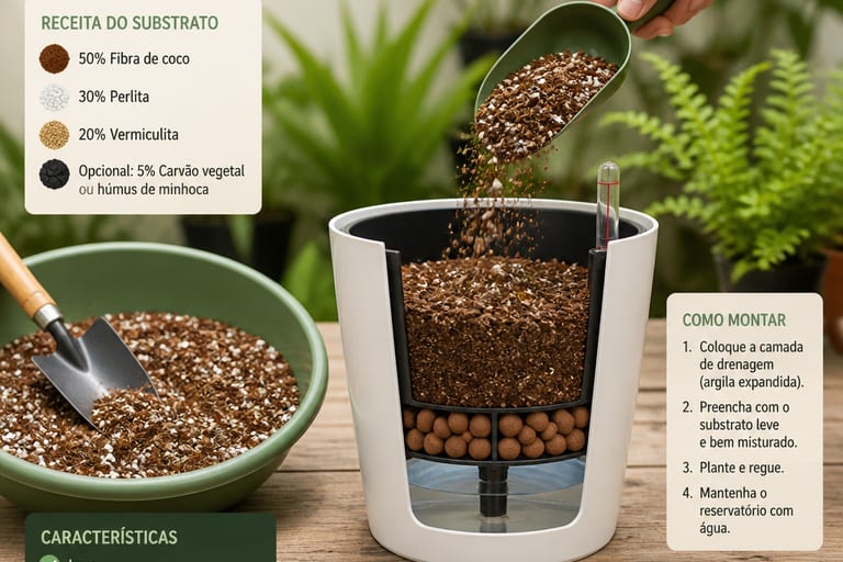 Substrato leve sendo colocado em um vaso autoirrigável.