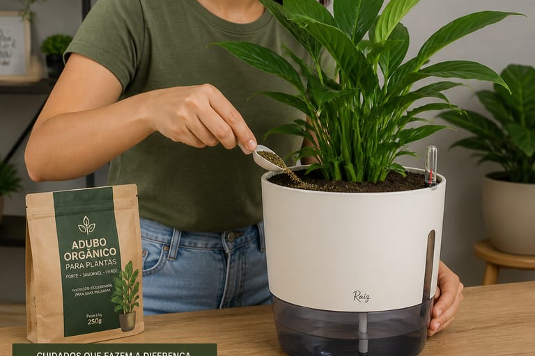 Uma pessoa adiciona adubo a um vaso autoirrigável.