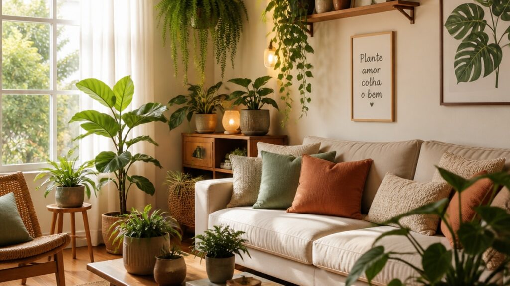 Sala de estar com várias plantas em vasos diferentes, iluminada por luz suave que entra pela janela.
