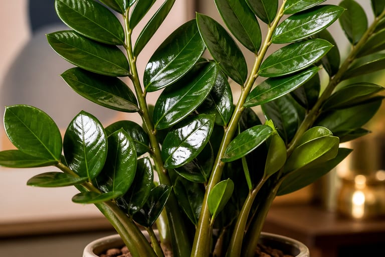 Close-up de uma Zamioculca em vaso decorativo, com folhas brilhantes e saudáveis.