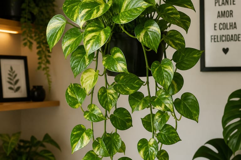 Uma Jiboia pendente em vaso, com folhas verdes e brilhantes.