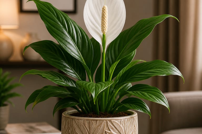Um Lírio-da-Paz em flor com pétalas brancas em um vaso decorativo.