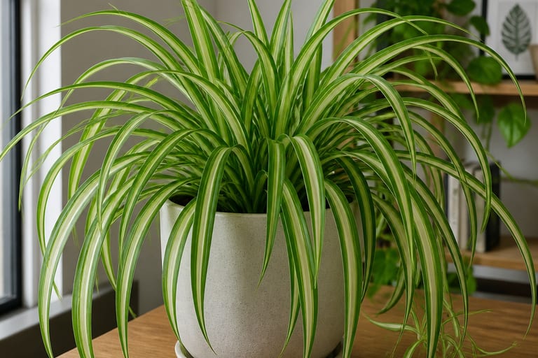 Um Clorofito em vaso com folhas longas e verdes.