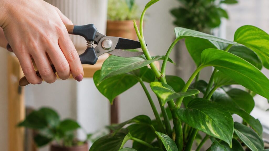 Uma mão feminina cortando uma estaca de planta com tesoura de poda, em um ambiente iluminado com vasos de plantas ao fundo.