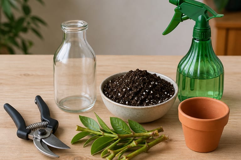Imagem com tesoura de poda, recipiente de vidro, substrato, borrifador e vaso pequeno sobre uma mesa de madeira clara.