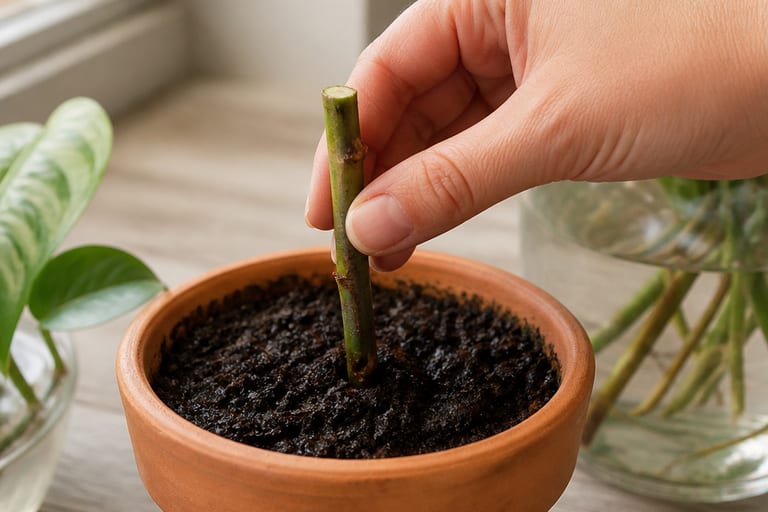 Uma mão coloca uma estaca em um vaso pequeno com substrato úmido, em um ambiente iluminado por luz natural.