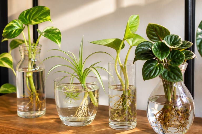 Várias estacas de plantas enraizando em recipientes de vidro com água.