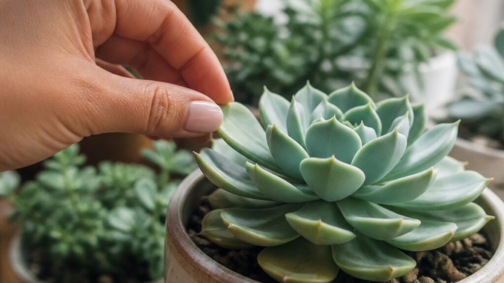 Uma mão feminina segura uma folha de suculenta Echeveria em um vaso de cerâmica, com outras suculentas ao fundo em um ambiente iluminado.