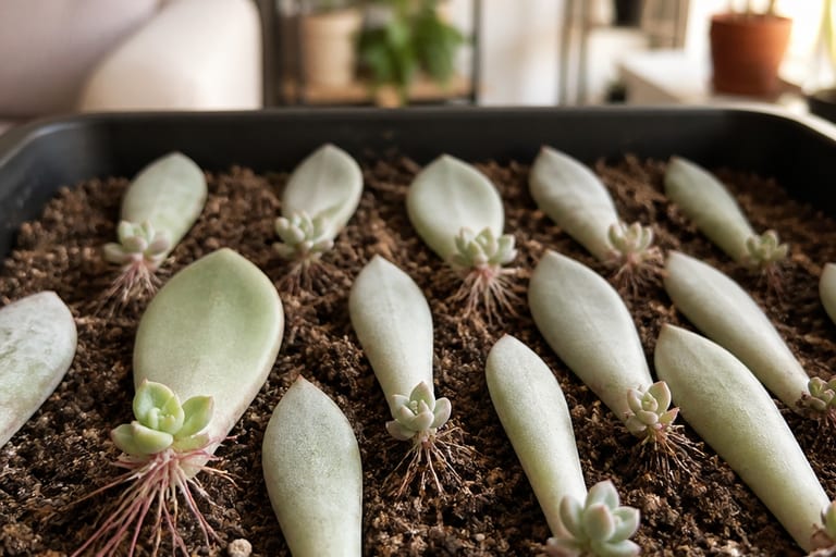 Folhas de suculenta Echeveria com raízes e brotos visíveis sobre substrato em bandeja, em um ambiente de apartamento com luz suave.