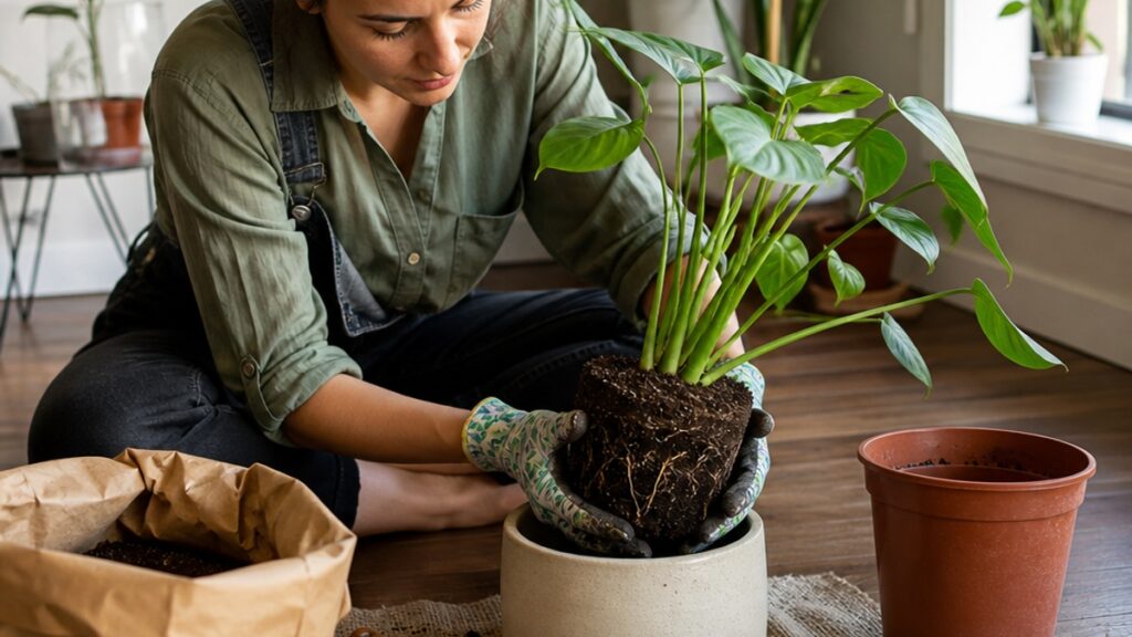 Imagem de uma planta sendo transplantada para um vaso maior, com ferramentas de jardinagem e substrato ao redor.