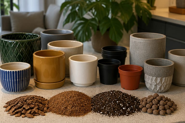 Imagem com diferentes tipos de vasos e substratos dispostos em uma bancada.
